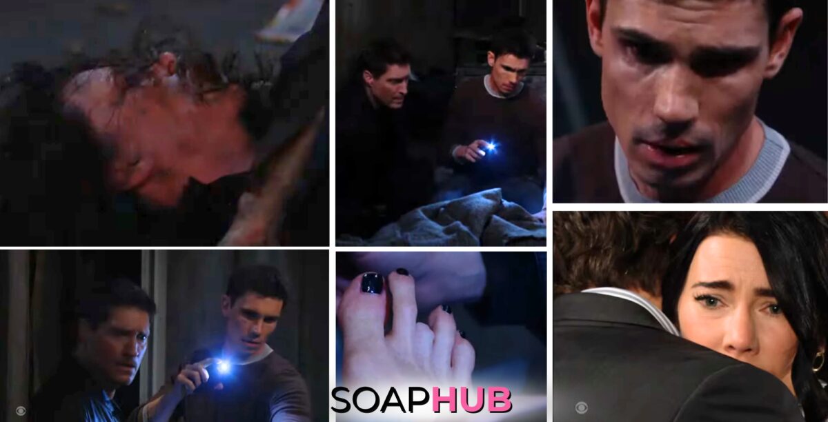 Collage featuring Bold and the Beautiful's Deacon, Finn, Steffy, and Sheila during the April 29 episode, with Soap Hub logo on the bottom