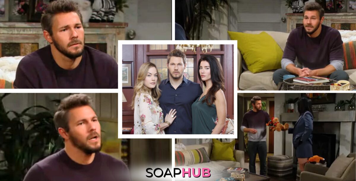 Collage featuring Bold and the Beautiful's Liam who talked about soul-searching during the April 10 episode. Hope and Steffy are also featured, with Soap Hub logo on the bottom