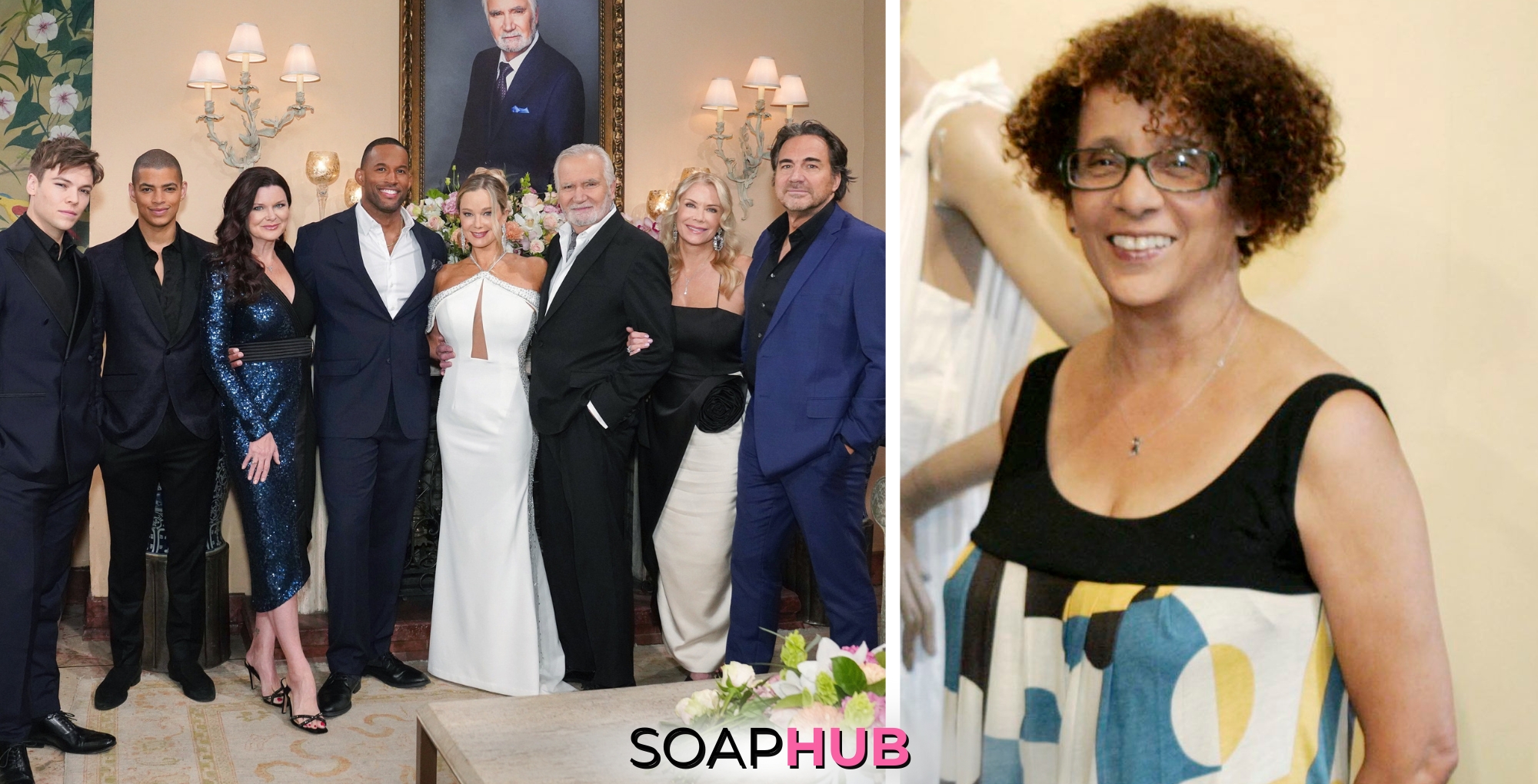 Michele Val Jean and B&B cast with Soap Hub logo.