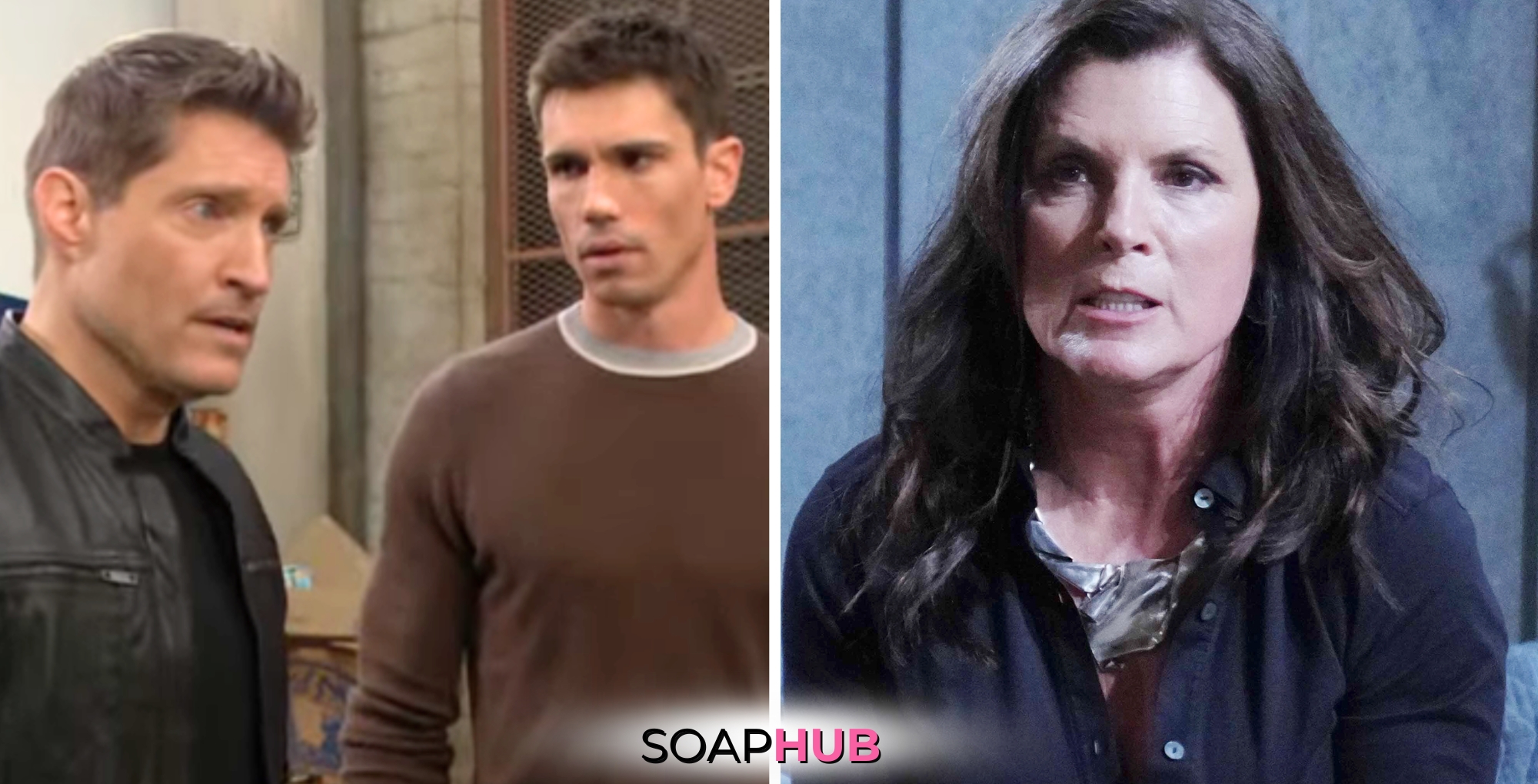 Bold and the Beautiful Spoilers for Thursday, May 2, Episode 9263 Feature Deacon, Finn and Sheila with the Soap Hub Logo Across the Bottom.