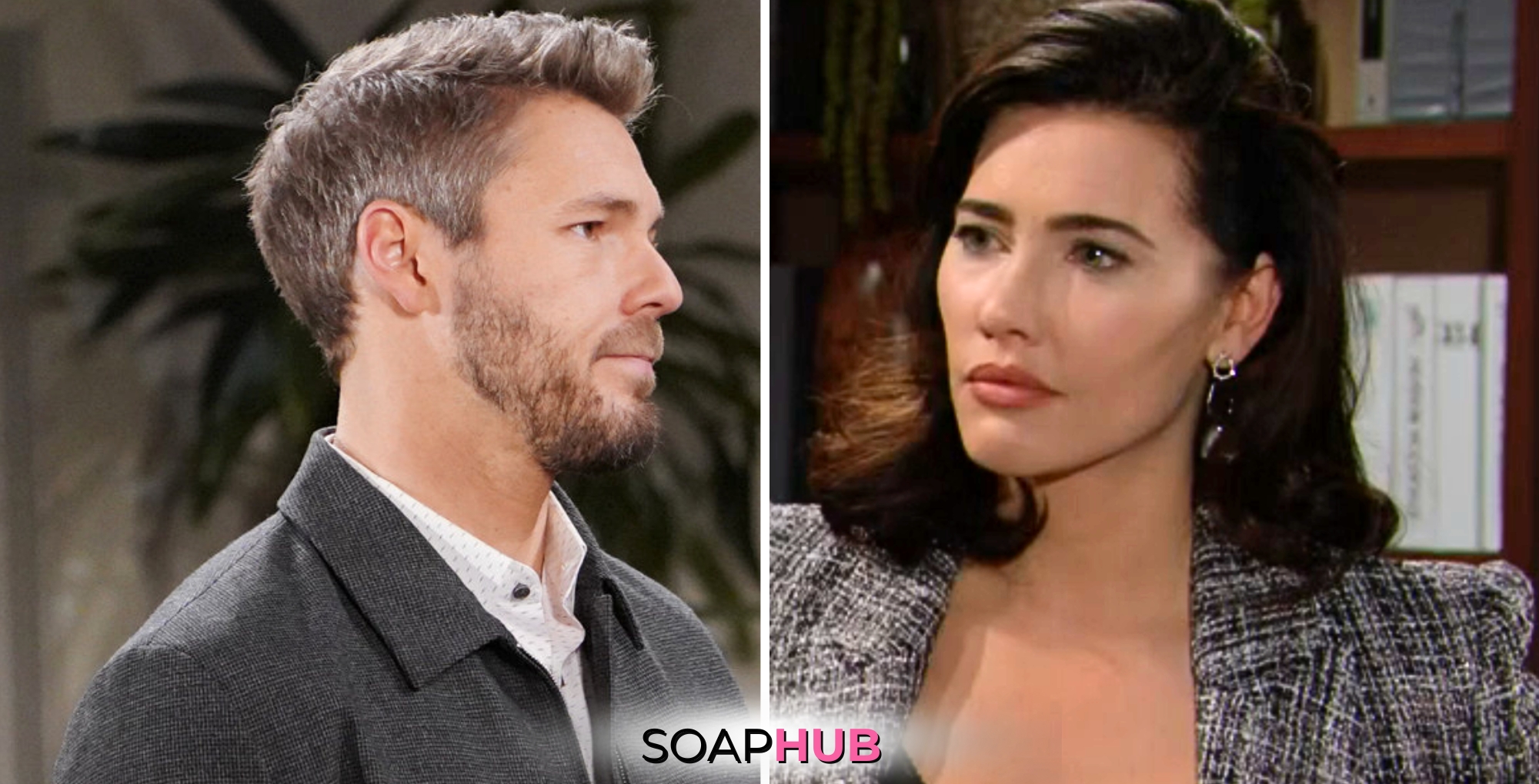 Bold and the Beautiful Spoilers for Monday, April 22, Episode 9255 Feature Liam and Steffy with the Soap Hub Logo Across the Bottom.