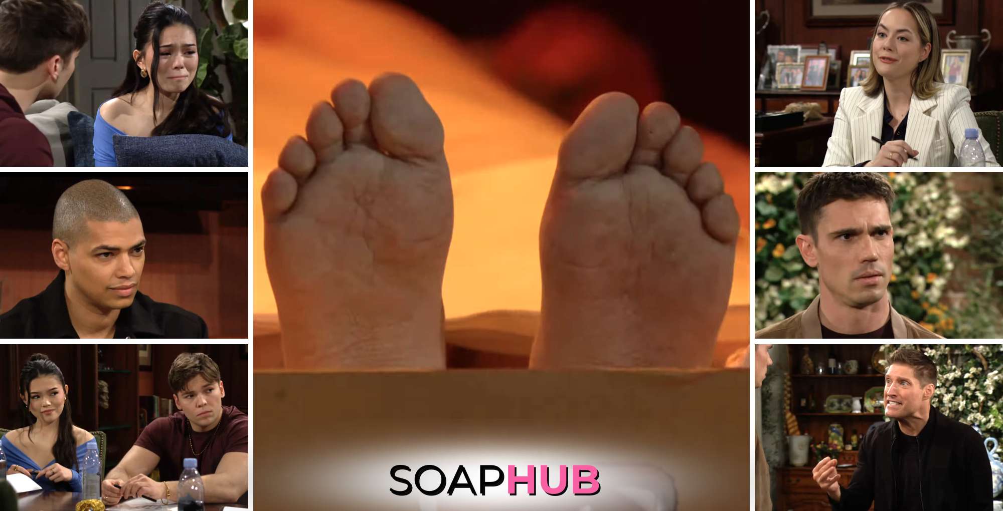 The Bold and the Beautiful spoilers weekly video preview features RJ, Luna, Zende, Hope, Finn, and Deacon with the Soap Hub logo across the bottom.