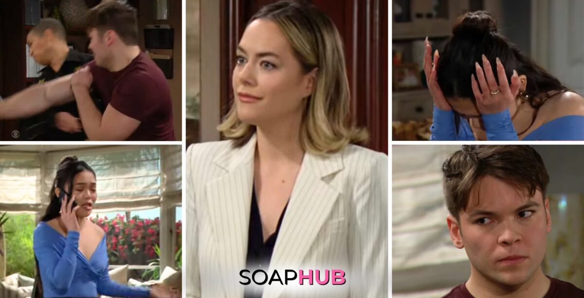 Collage featuring Bold and the Beautiful's Luna, RJ, Zende, and Hope during the April 16 episode, with Soap Hub logo on the bottom