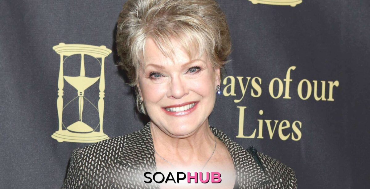 Gloria Loring Days of our Lives 50th anniversary red carpet Soap Hub logo.