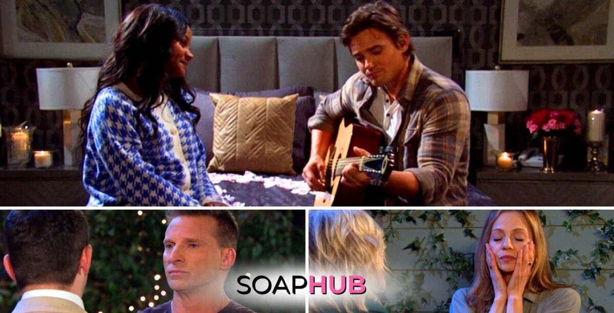 Days of Our Lives recap for April 22, with Johnny playing guitar for Chanel, Harris looking serious, and Ava flustered with the Soap Hub logo across the bottom.
