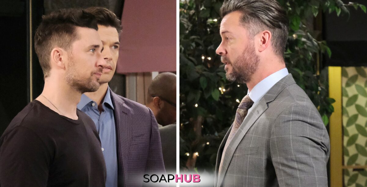 Days of our Lives spoilers for Tuesday, April 16 feature Chad, Xander, and EJ with the Soap Hub logo across the bottom.