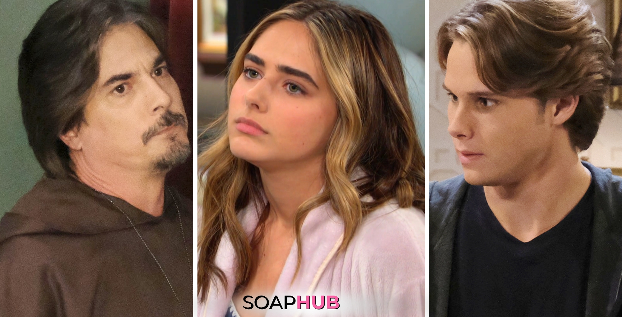 Days of our Lives spoilers for April 4 feature Rafe, Holly, and Tate with the Soap Hub logo across the bottom.
