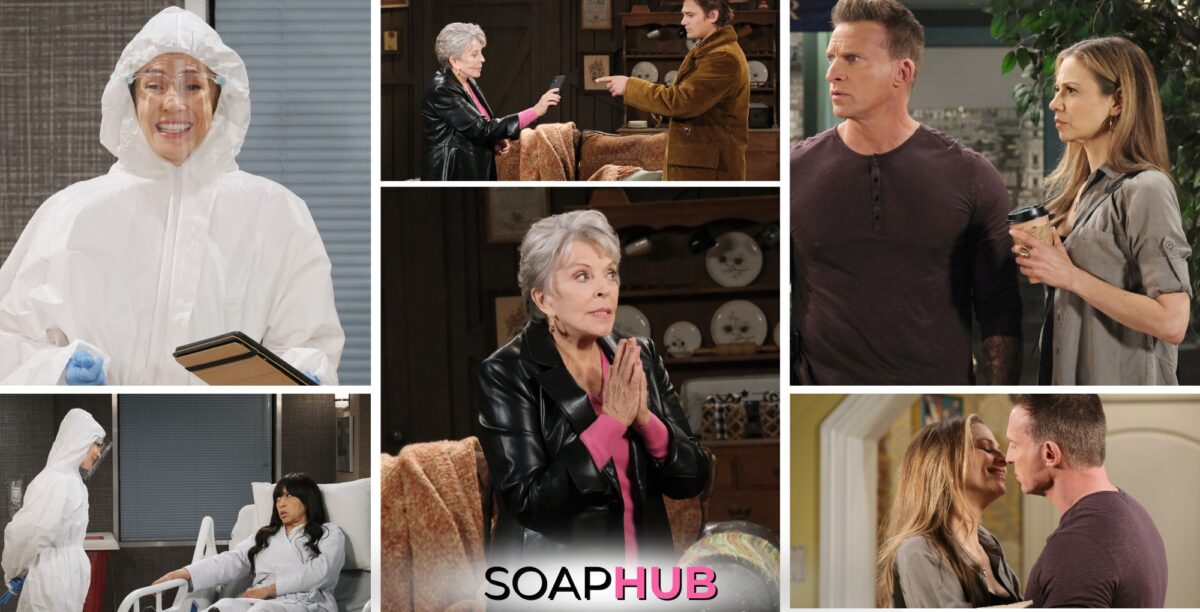 Spoiler photos for April 16, 2024 on Days of Our Lives feature, Sarah, Julie, Harris, Ava, Paulina, and Johnny with the Soap Hub logo across the bottom.