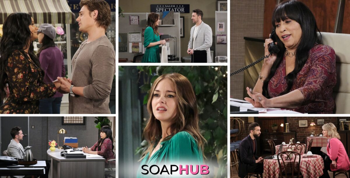 Paulina, Johnny, Chanel, Stephanie, Chad, Everett, and Marlena featured in the Days of Our Lives spoiler photos for the April 30, 2024 episode with the Soap Hub logo across the bottom.