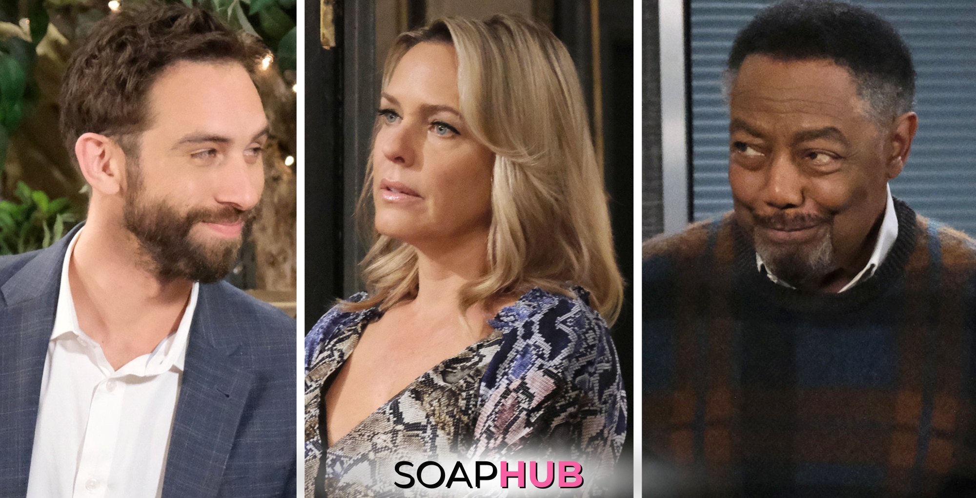 Everett, Nicole, and Abe featured for Days of Our Lives two week spoilers for April 8 - April 19, 2024 with the Soap Hub logo across the bottom.