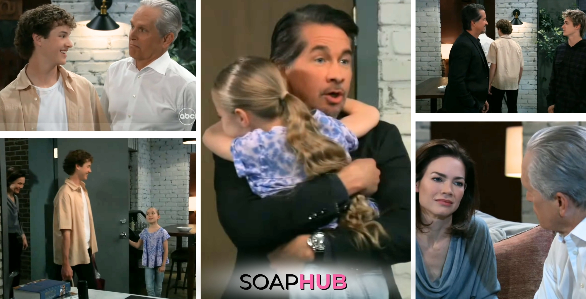 Aiden, Gregory, Violet, Finn, Jake, and Elizabeth on the April 17, 2024 episode of General Hospital with the Soap Hub logo across the bottom.