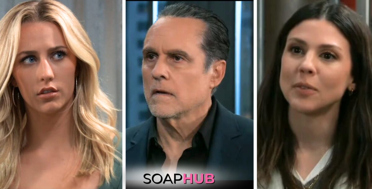 On General Hospital, the April 23 spoilers focus on Joss and Kristina fighting about Sonny, with the Soap Hub logo across the bottom.