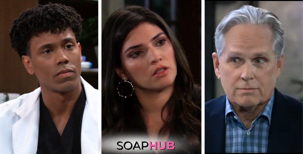 TJ, Brook Lynn, and Gregory featured for General Hospitalspoilers for the week of April 22 - April 26, 2024with the Soap Hub logo across the bottom.