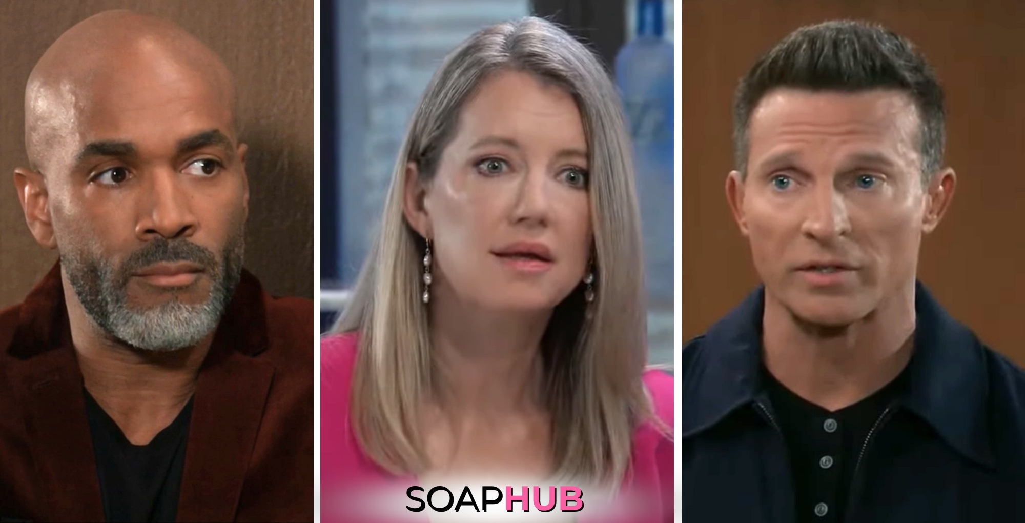 Curtis, Nina and Jason pictured for General Hospital spoilers for the week of April 8 - April 12, 2024 with the Soap Hub logo across the bottom.