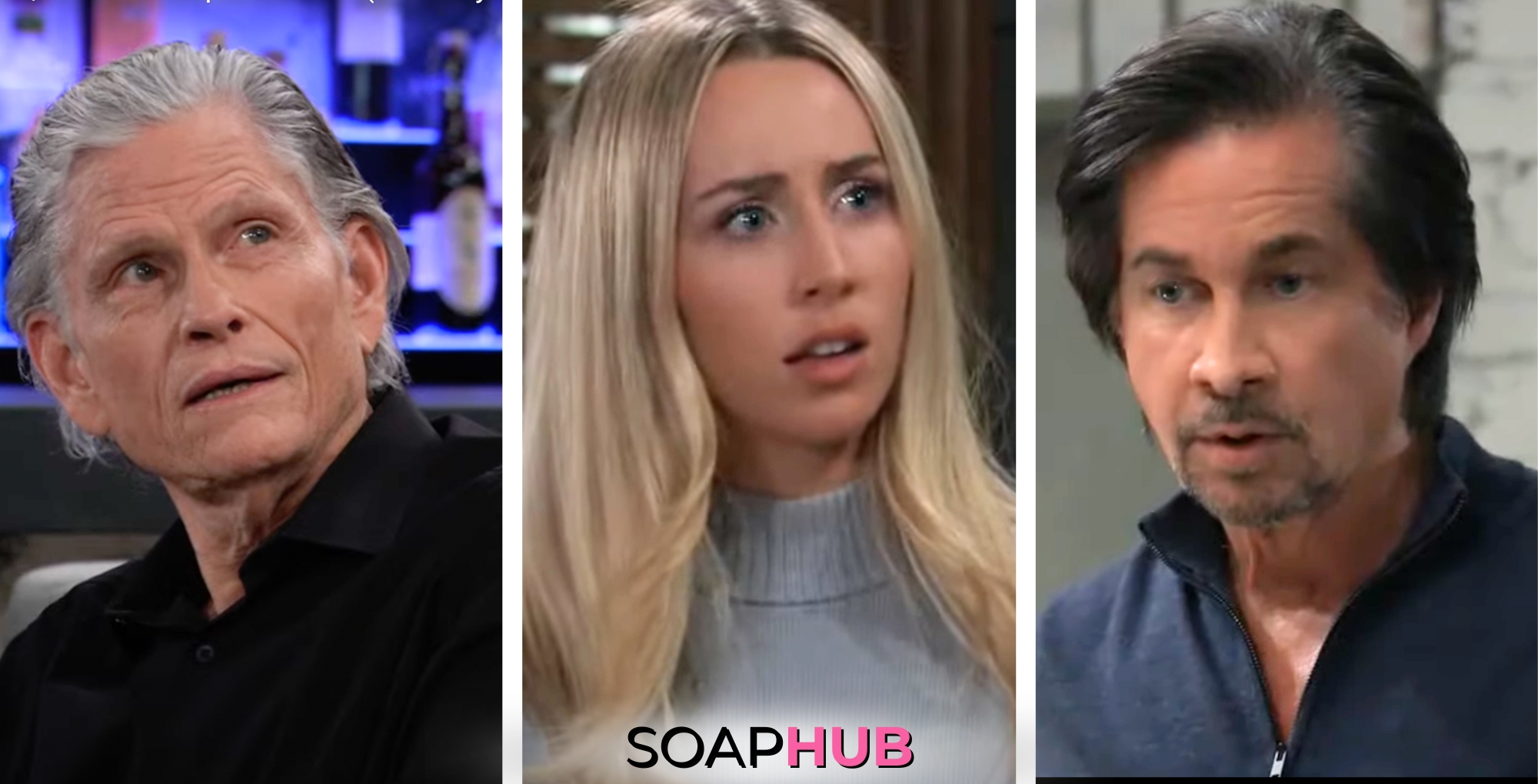 Cyrus, Josslyn, and Finn featured for General Hospital spoilers for the week of April 15 - April 19, 2024 with the Soap Hub logo across the bottom.