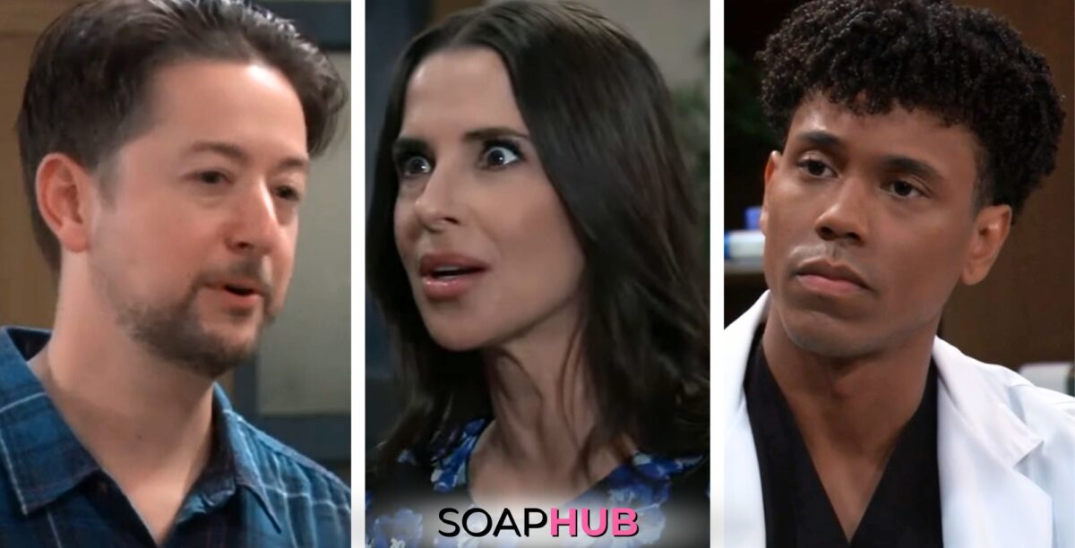 Bradford Anderson, Kelly Monaco, and Tahj Bellow on General Hospital with the Soap Hub logo across the bottom.