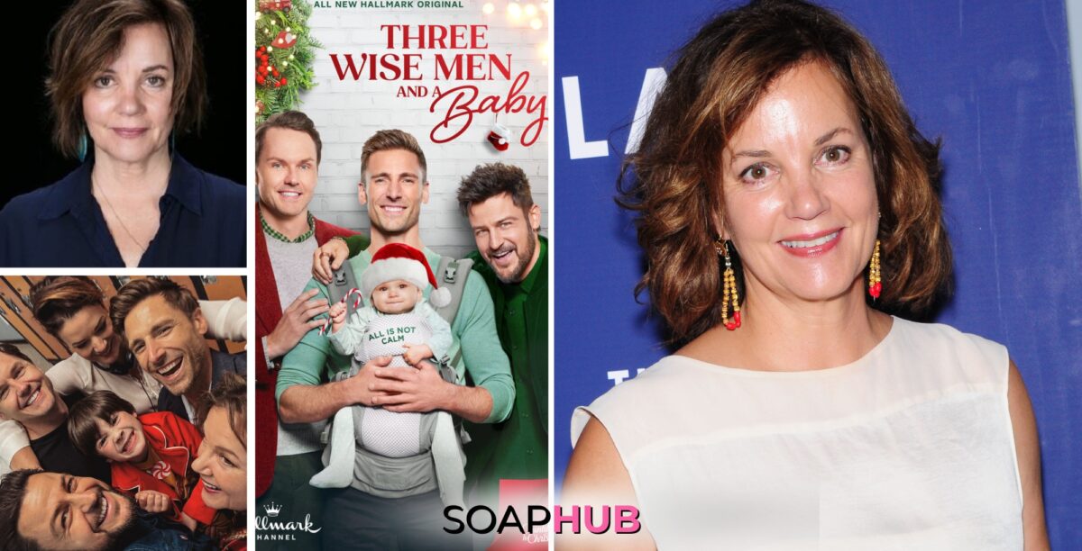 Collage for Margaret Colin story. The ATWT alum reprises her role in hallmark sequel to 2022 holiday film. Three Wise Men and a Baby, with soap hub logon near bottom of image