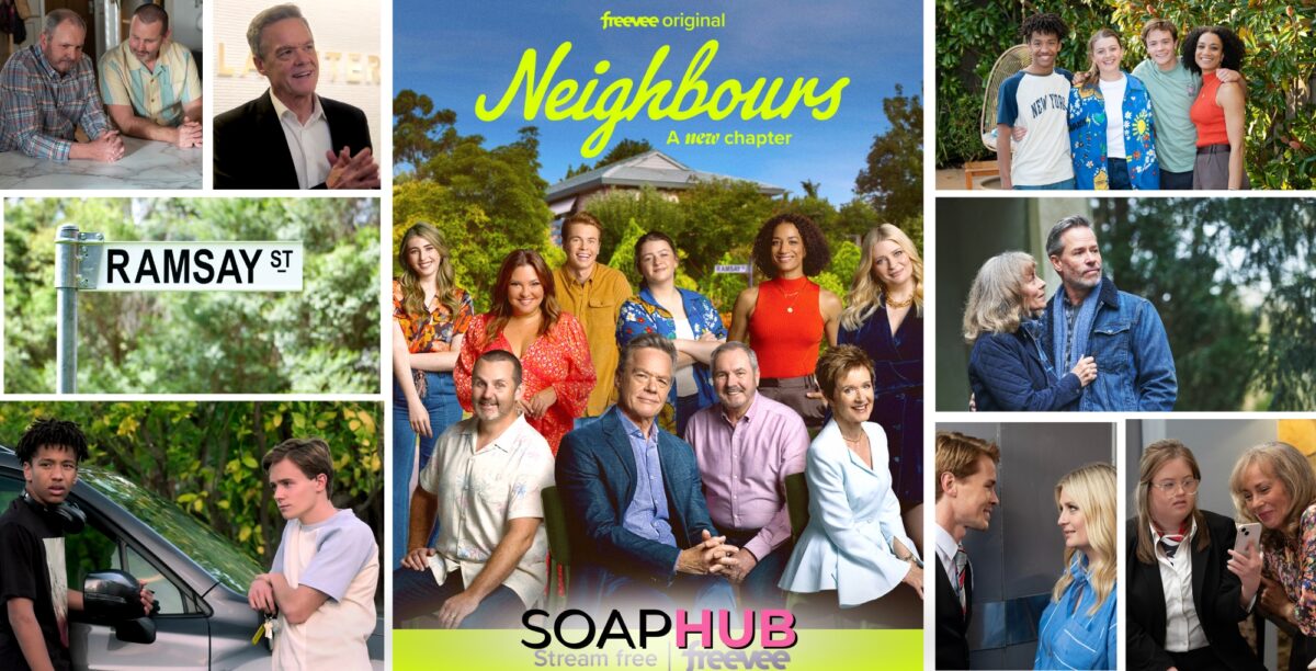 Collage of the Daytime Emmy-nominated Aussie soap, Neighbours, with Soap Hub logo on bottom of image