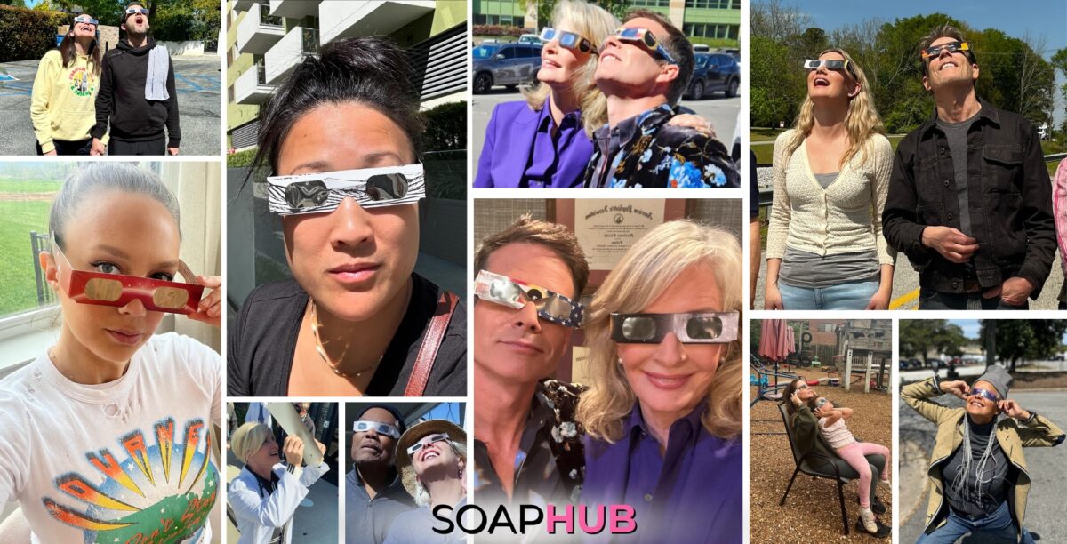 Collage of soap stars who shared their excitement over the Total Solar Eclipse 2024, with soap hub logo on bottom