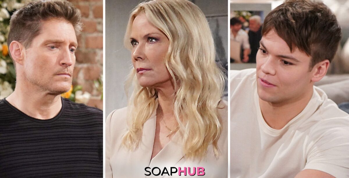 Weekly B&B Spoilers for April 22 - 26 Feature Deacon, Brooke and RJ with the Soap Hub Logo Across the Bottom.