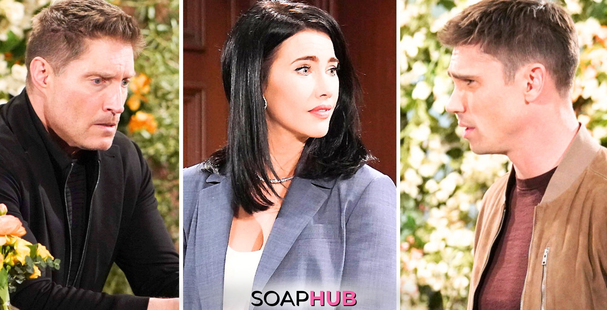 Bold and the Beautiful Spoilers for the Week of April 15 -- 19 Feature Deacon, Steffy and Finn with the Soap Hub Logo Across the Bottom.