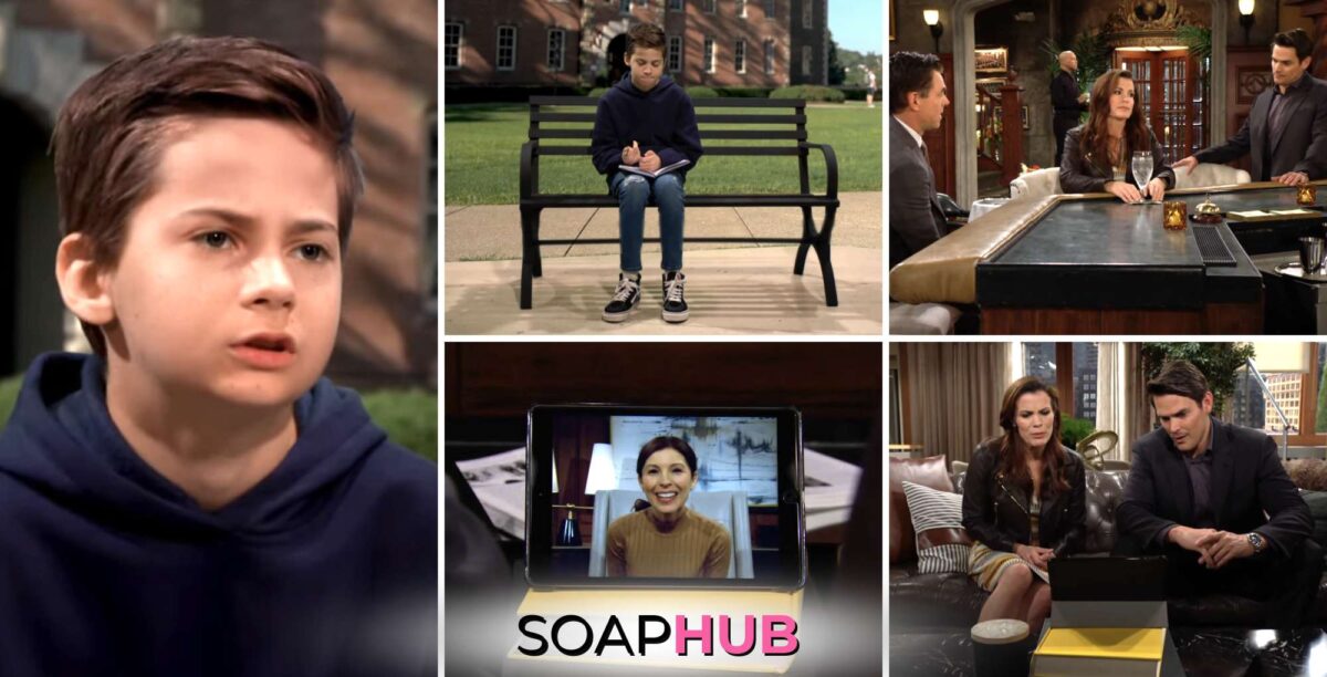 The Young and the Restless April 18 episode features Connor, Chelsea, Billy, Adam and the Soap Hub logo across the bottom.