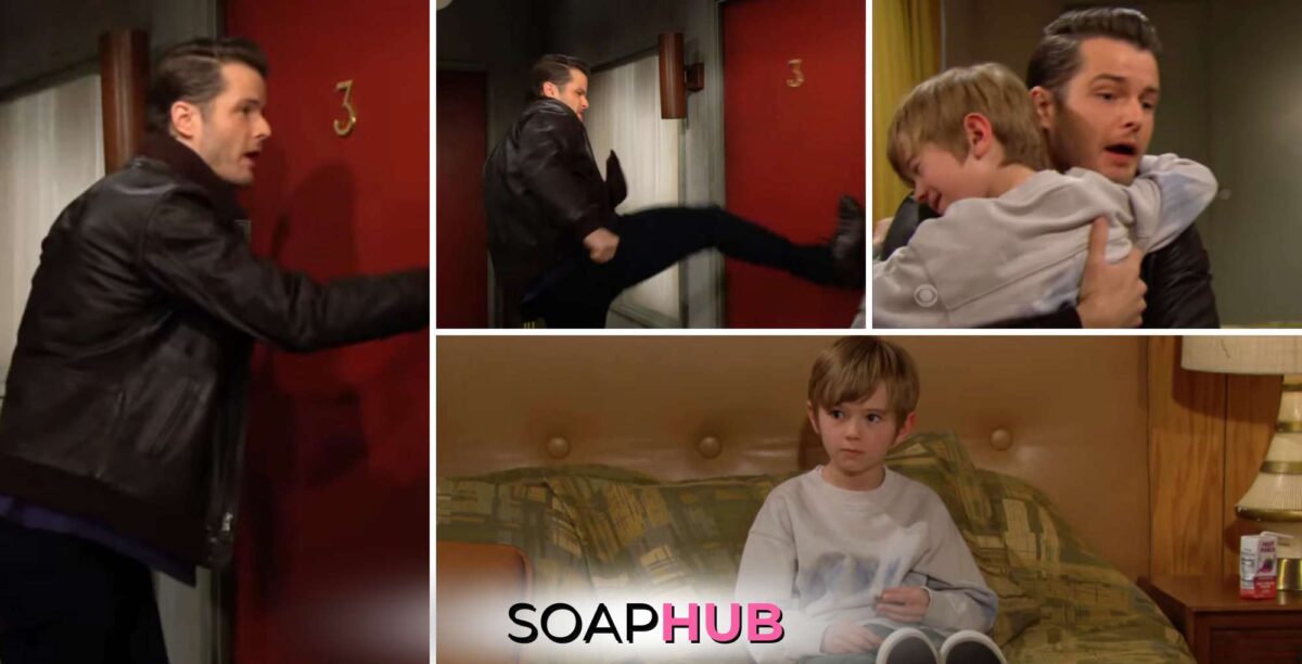Young and the Restless recap for April 24 with Kyle, Harrison, and the Soap Hub logo.