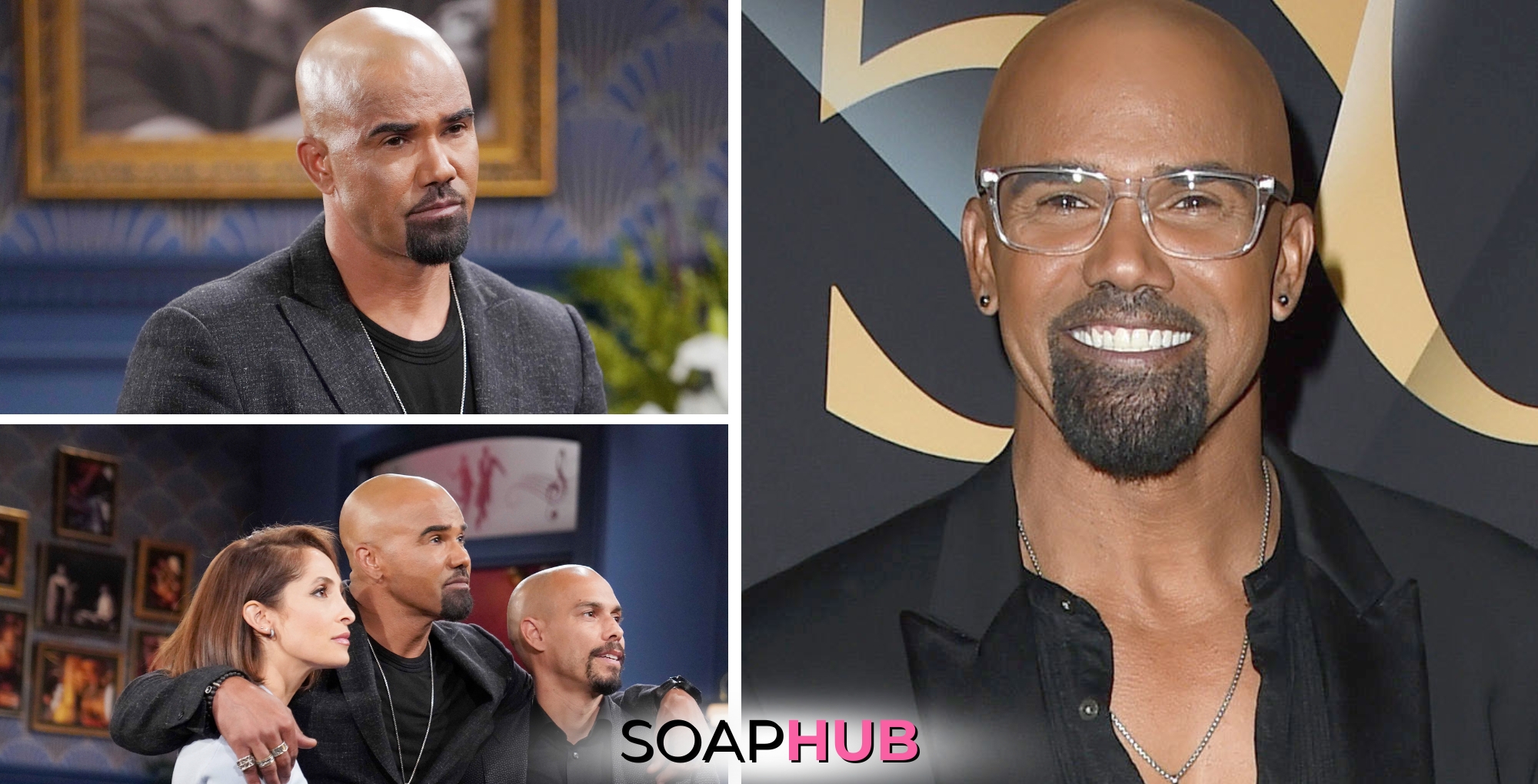 Shemar Moore Malcolm with Lily and Devon Soap Hub logo.
