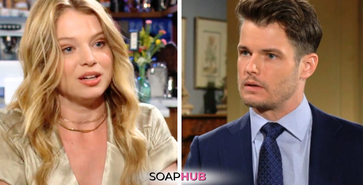 The Young and the Restless spoilers for Tuesday, April 16 feature Summer and Kyle with the Soap Hub logo across the bottom.
