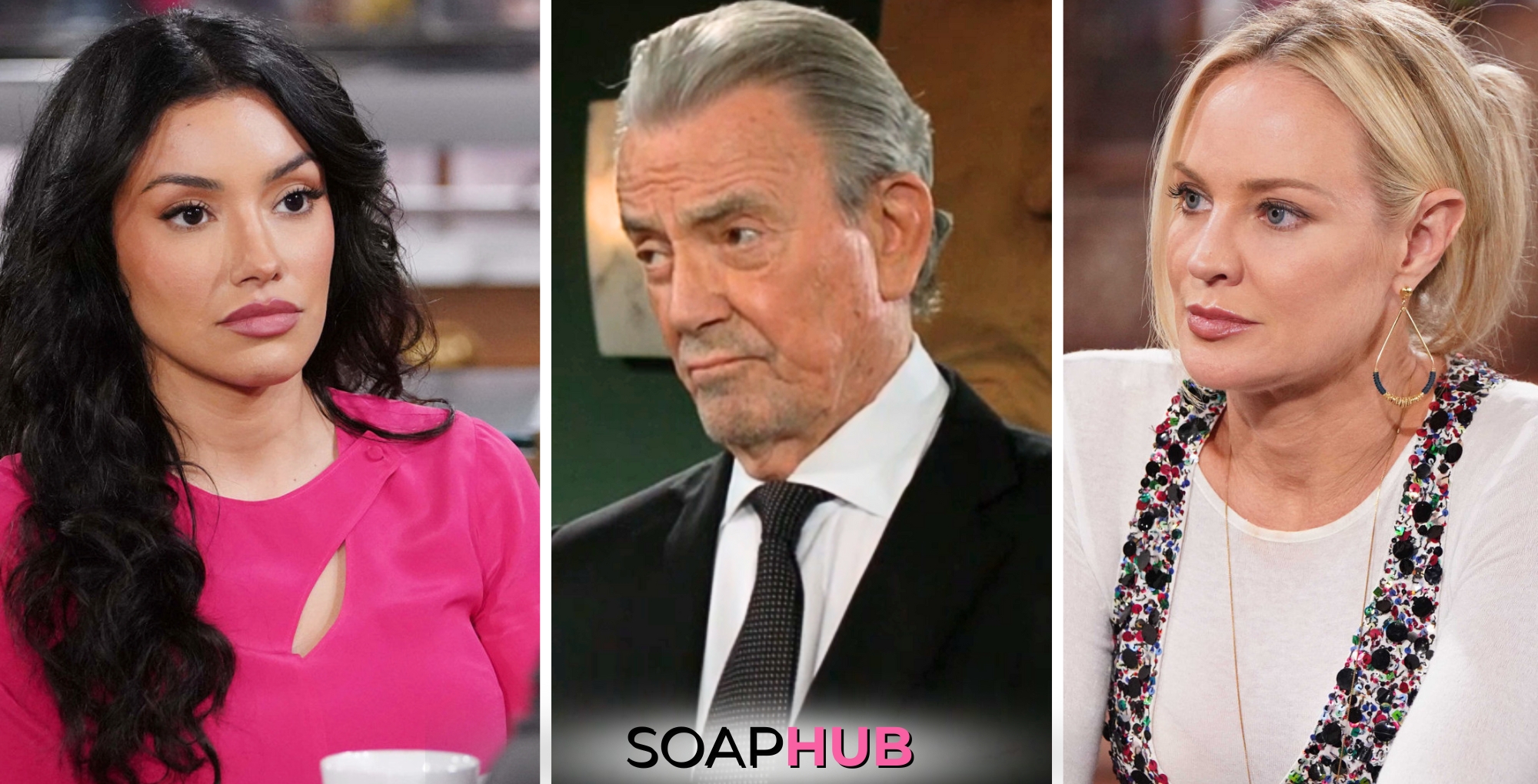 Young and the Restless spoilers weekly update feature Audra, Victor, and Sharon with the Soap Hub logo across the bottom.