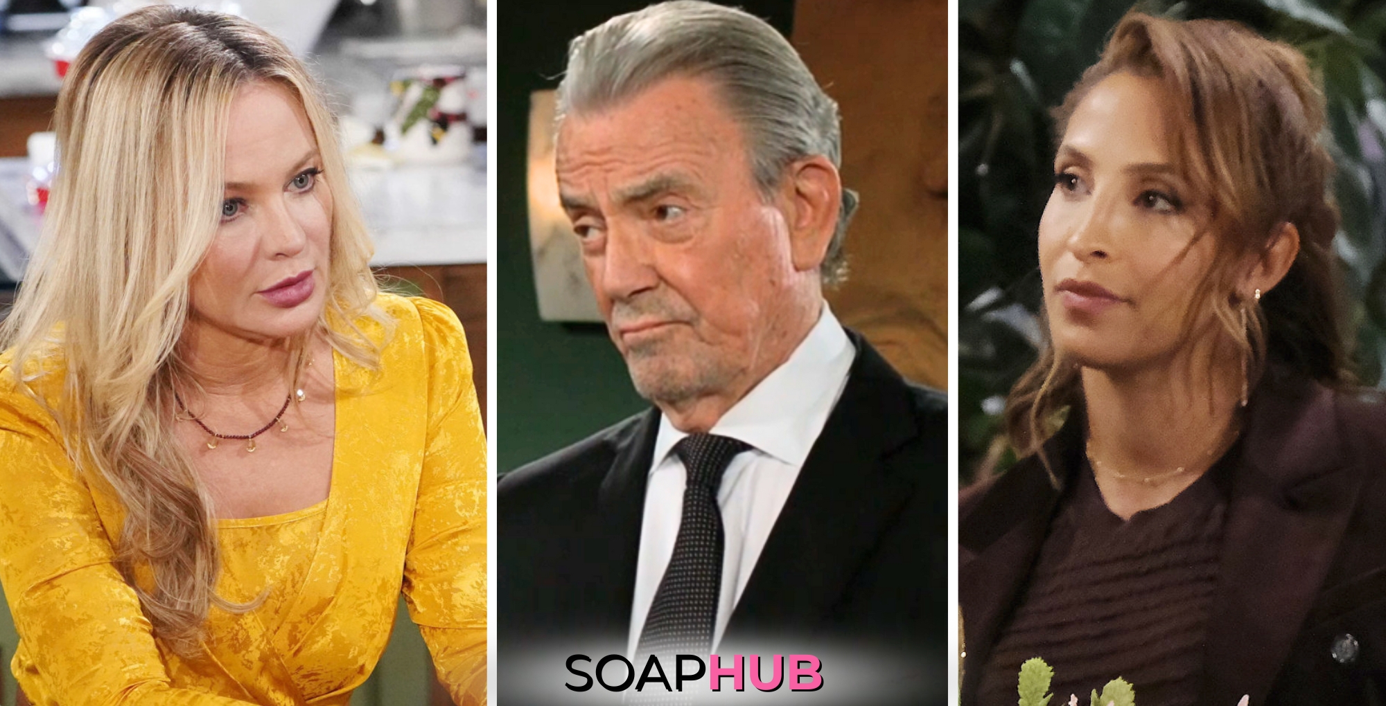 Young and the Restless spoilers weekly update features Sharon, Victor, and Lily with the Soap Hub logo across the bottom.