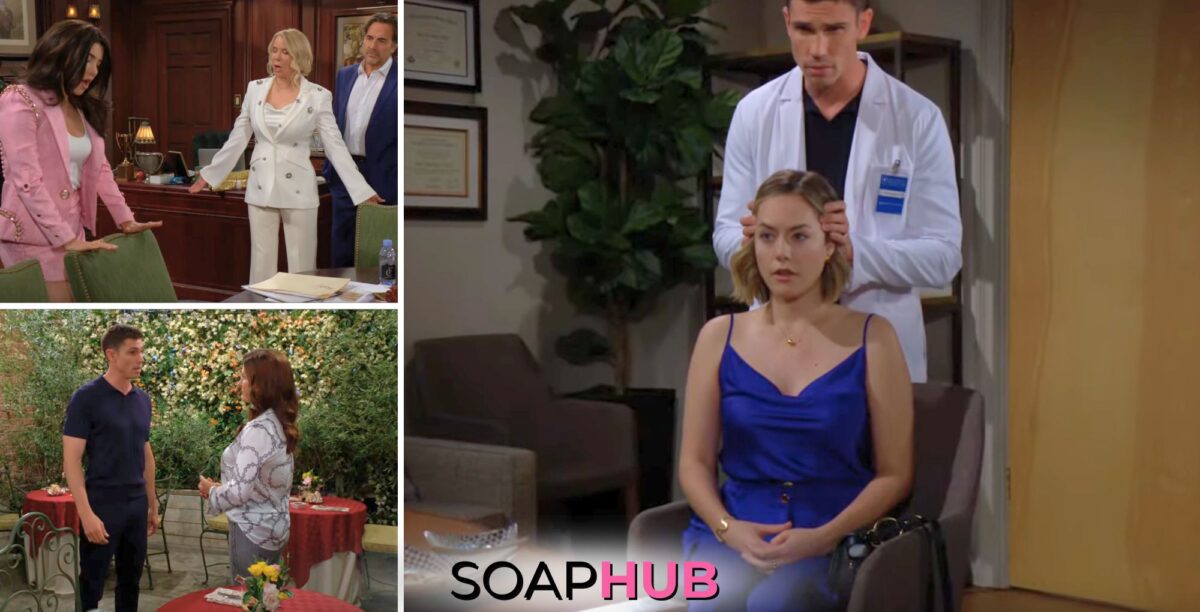 Collage of Tuesday, May 21, episode of The Bold and the Beautiful, with Soap Hub logo near bottom image