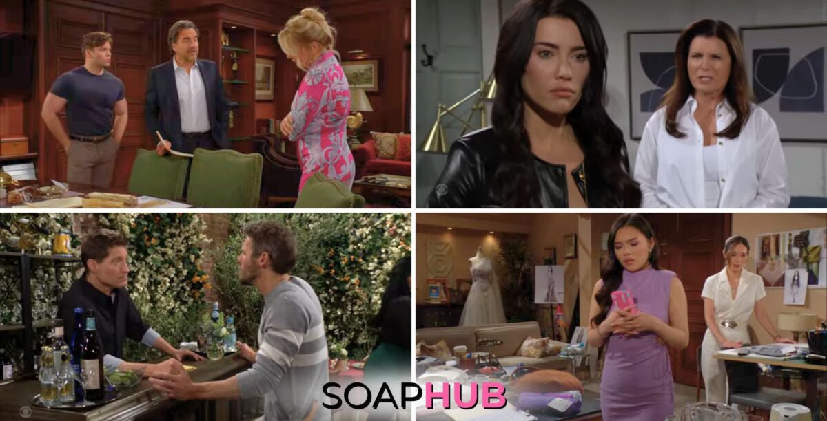 Collage of Wednesday, May 15, episode of The Bold and the Beautiful, with Soap Hub logo near bottom image