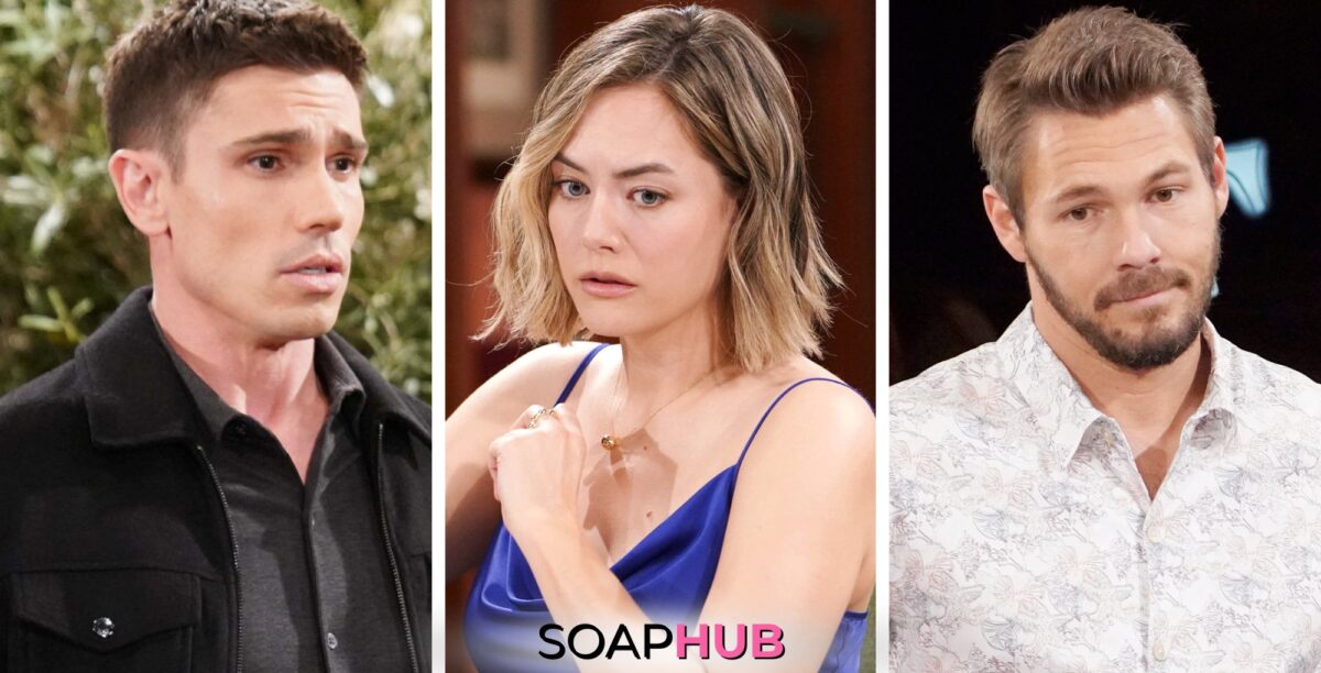 The Bold and the Beautiful spoilers weekly update for the week of May 20 features Finn, Hope, and Liam with the Soap Hub logo.
