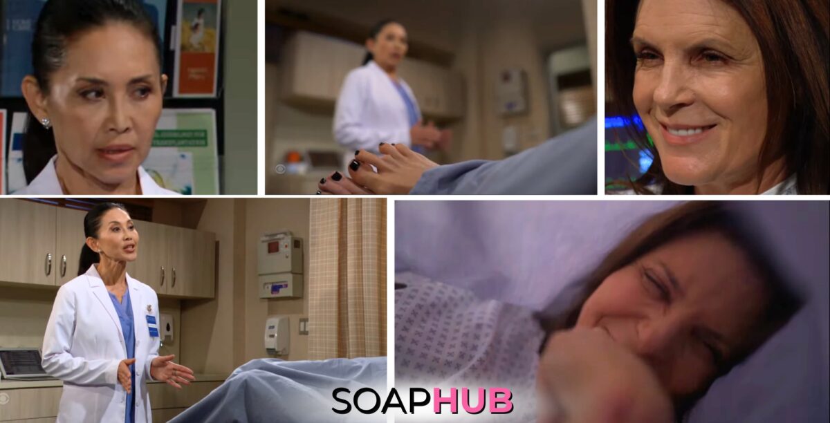 Collage of Thursday, May 9 episode of The Bold and the Beautiful featuring Sheila and Li, with Soap Hub logo near bottom image