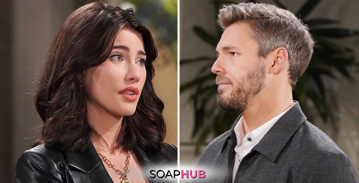 Bold and the Beautiful Spoilers for Tuesday, May 7, Episode 9266 Features Steffy and Liam with the Soap Hub Logo Across the Bottom.