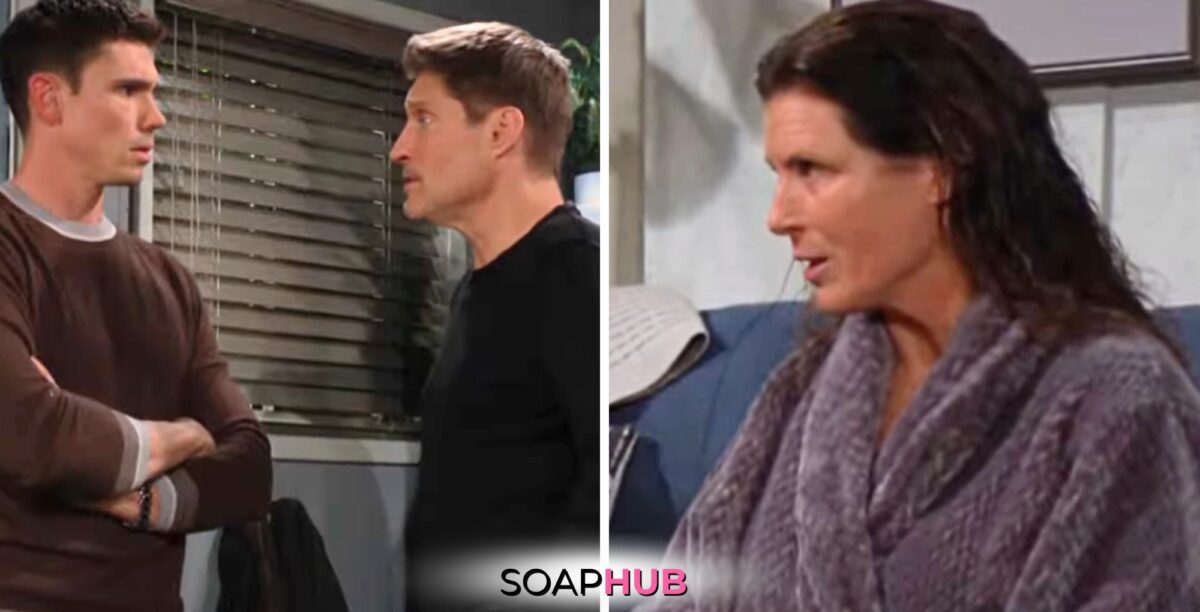 Bold and the Beautiful Spoilers for Monday, May 6, Episode 9265 Features Finn, Deacon and Sheila with the Soap Hub Logo Across the Bottom.