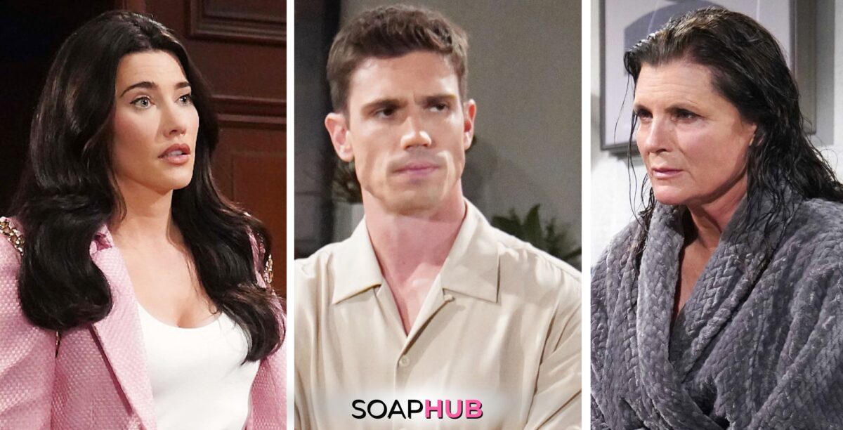 Bold and the Beautiful Spoilers for Friday, May 17, Episode 9274 Features Steffy, Finn and Sheila with the Soap Hub Logo Across the Bottom.
