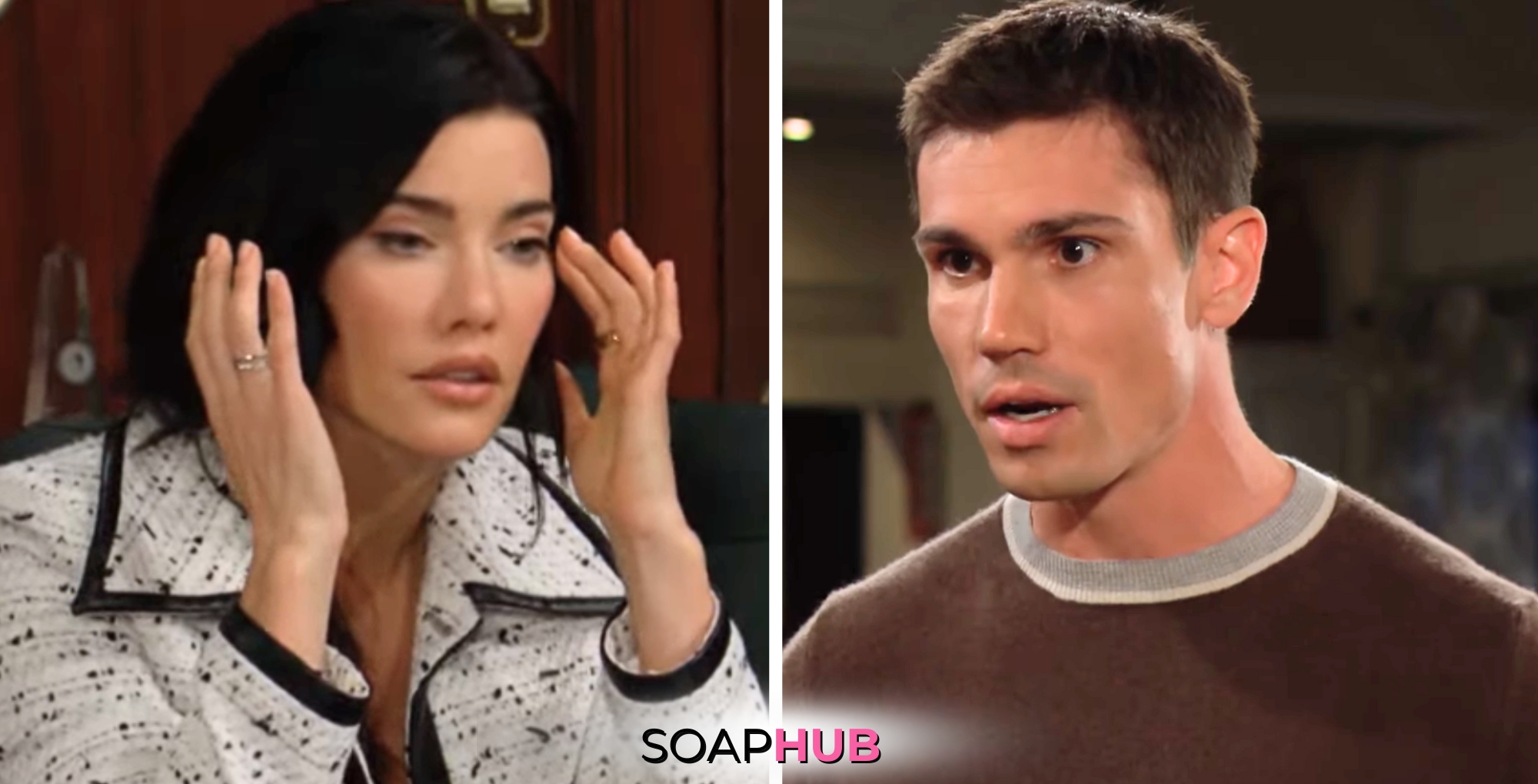 Bold and the Beautiful Spoilers for Thursday, May 9, Episode 9268 Features Steffy and Finn with the Soap Hub Logo Across the Bottom.