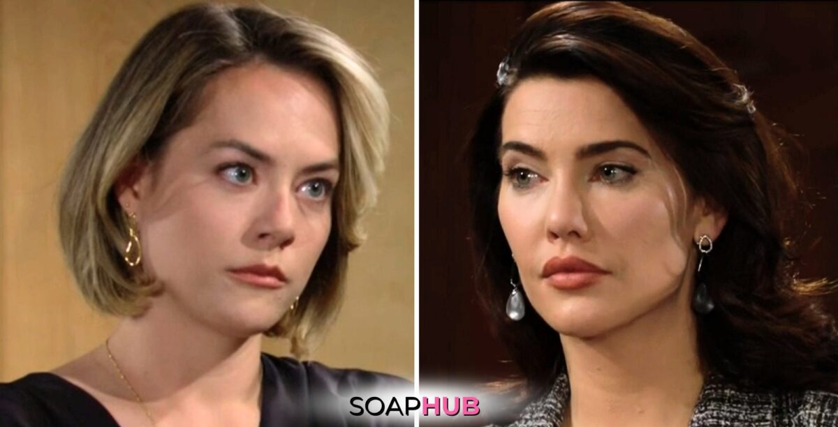 Bold and the Beautiful Spoilers for Friday, May 31, Episode 9284 Features Hope and Steffy with the Soap Hub Logo Across the Bottom.