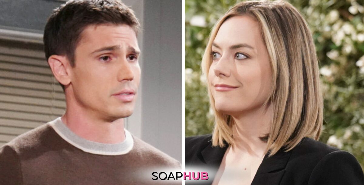 Bold and the Beautiful Spoilers for Monday, May 20, Episode 9275 Feature Finn and Hope with the Soap Hub Logo Across the Bottom.