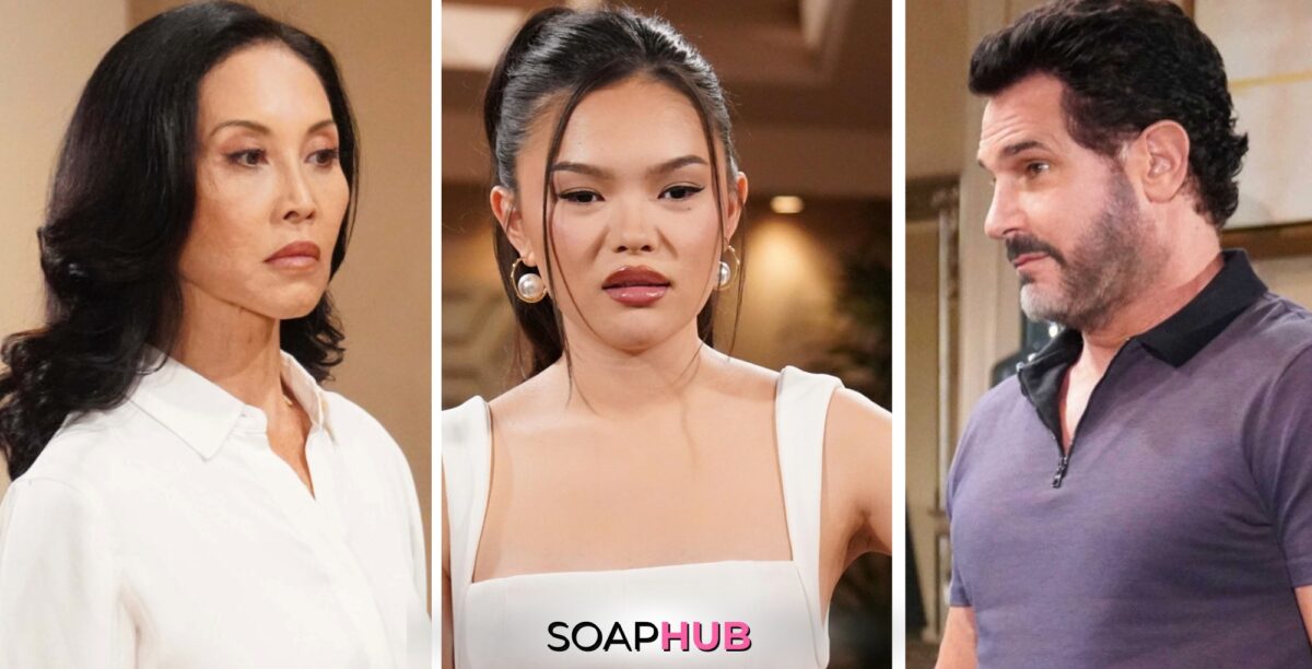 Bold and the Beautiful Spoilers for Monday, June 3, Episode 9285, Features Li, Luna and Bill with the Soap Hub Logo Across the Bottom.