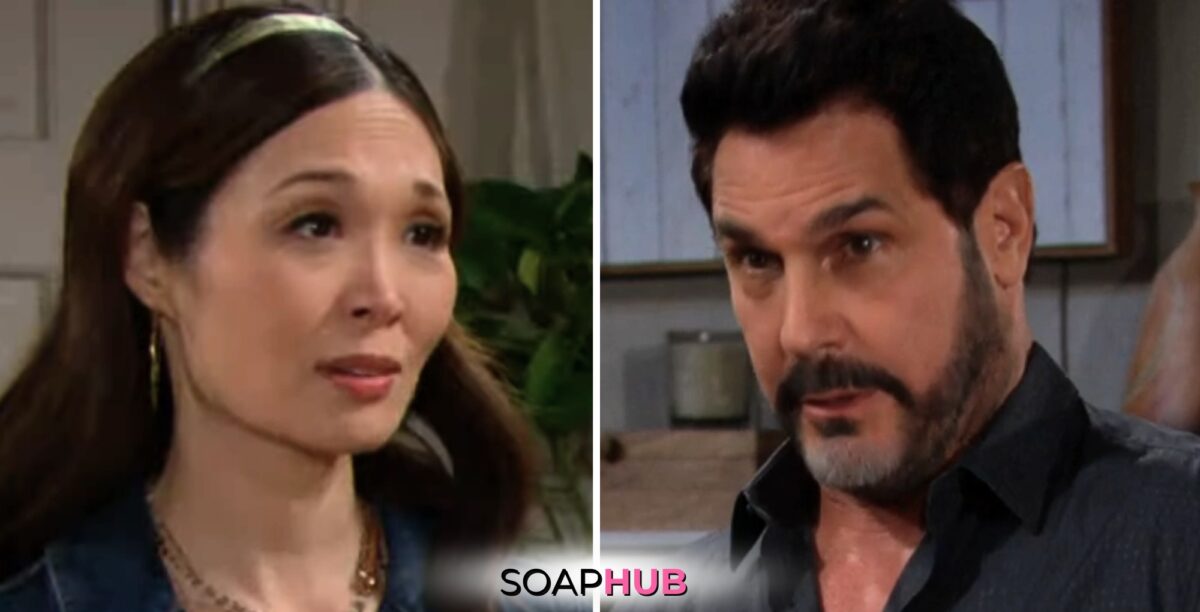 Bold and the Beautiful Spoilers for Wednesday, May 29, Episode 9282 Features Poppy and Bill with the Soap Hub Logo Across the Bottom.