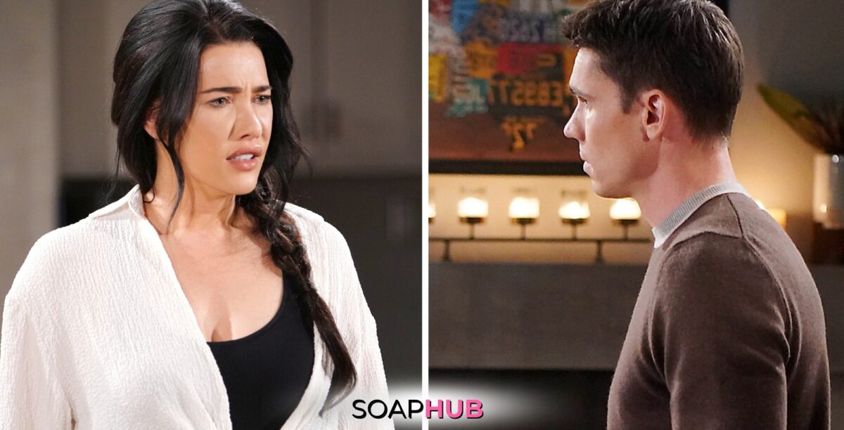 Bold and the Beautiful Spoilers for Monday, May 13, Episode 9270 Features Steffy and Finn with the Soap Hub Logo Across the Bottom.