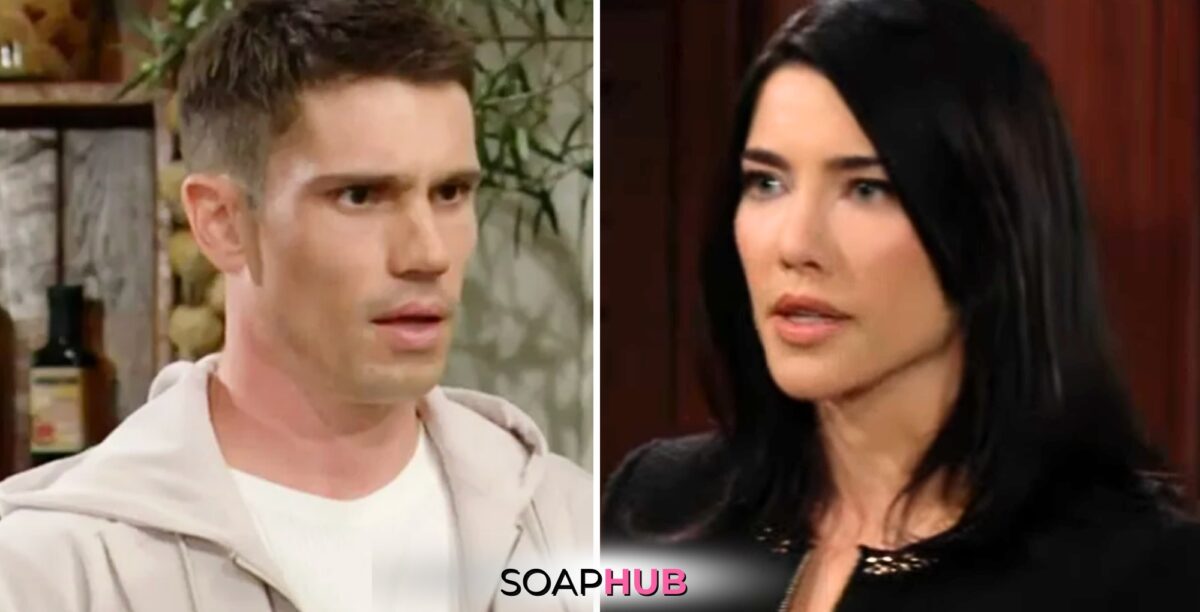 Bold and the Beautiful Spoilers for Monday, May 27, Episode 9280 Features Finn and Steffy with the Soap Hub Logo Across the Bottom.