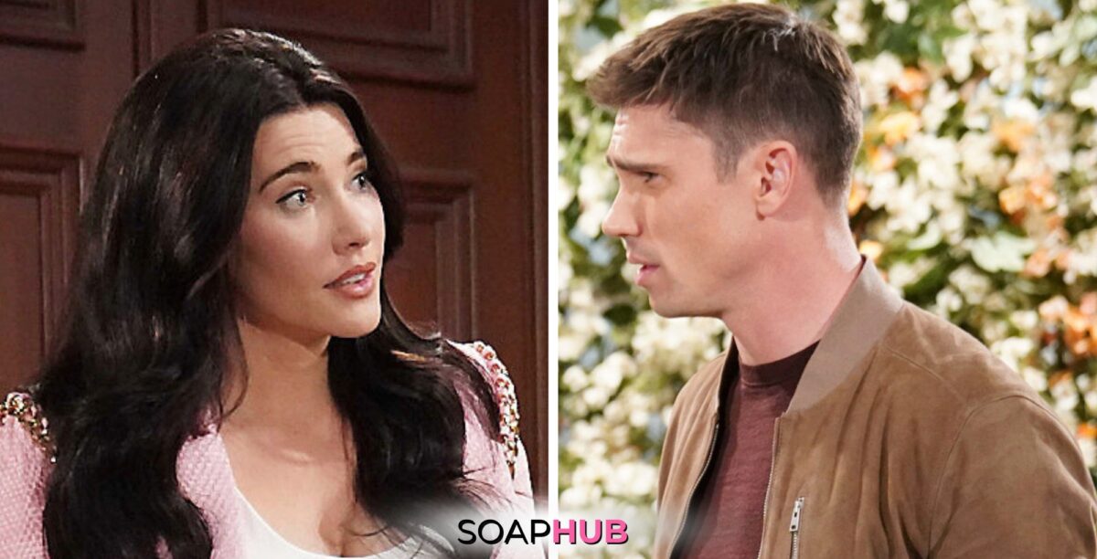Bold and the Beautiful Spoilers for Tuesday, May 21, Episode 9276 Features Steffy and Finn with the Soap Hub Logo Across the Bottom.