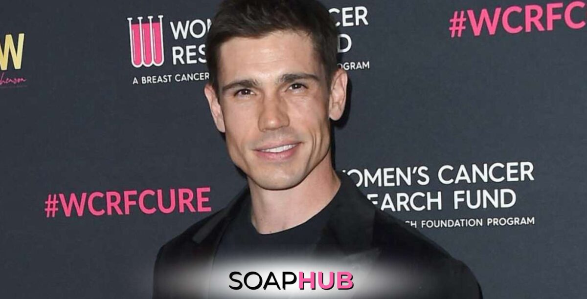 The Bold and the Beautiful star Tanner Novlan with the Soap Hub logo.