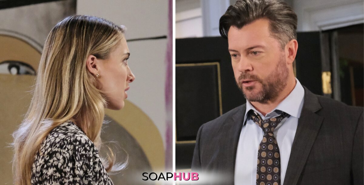 Days of our Lives spoilers for May 21 feature Sloan and EJ with the Soap Hub logo.
