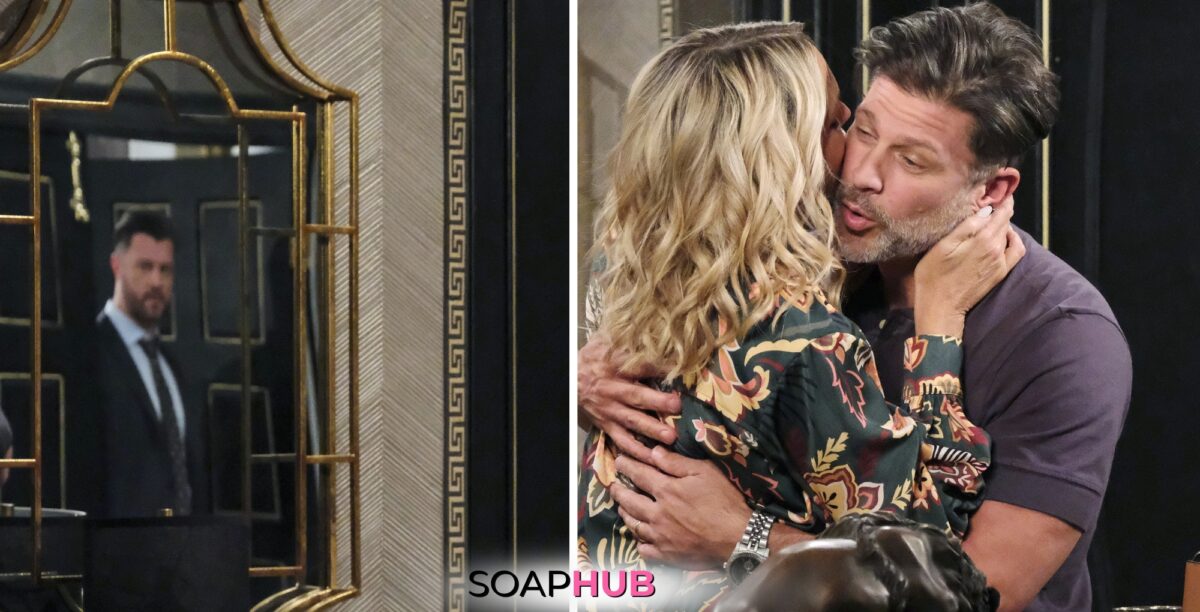 Days of our Lives spoilers for May 20 features EJ and Nicole and Eric with the Soap Hub logo.