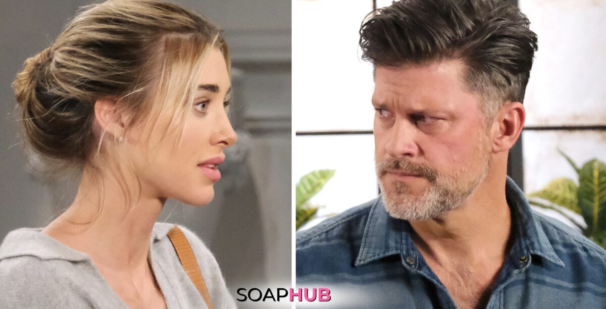 Days of our Lives spoilers for June 3 feature Sloan and Eric with the Soap Hub logo.